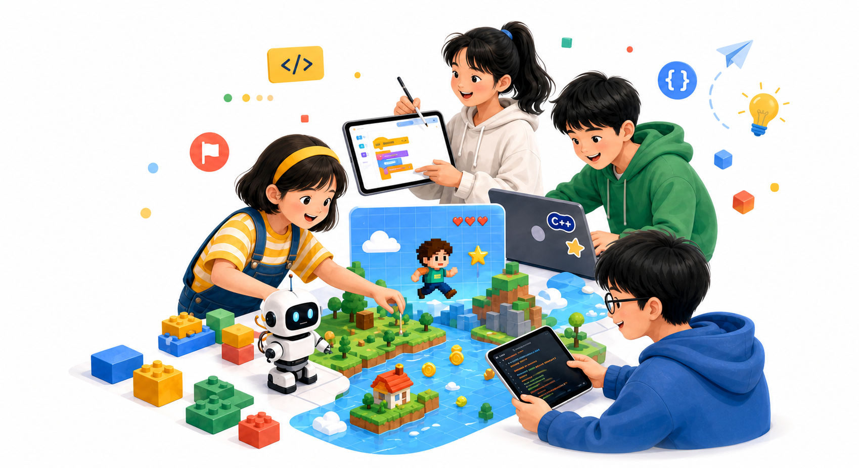 不同年龄的学生一起使用积木、机器人、图形化编程和文本代码创作项目